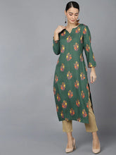 Women Green Cotton Floral Printed Kurtas